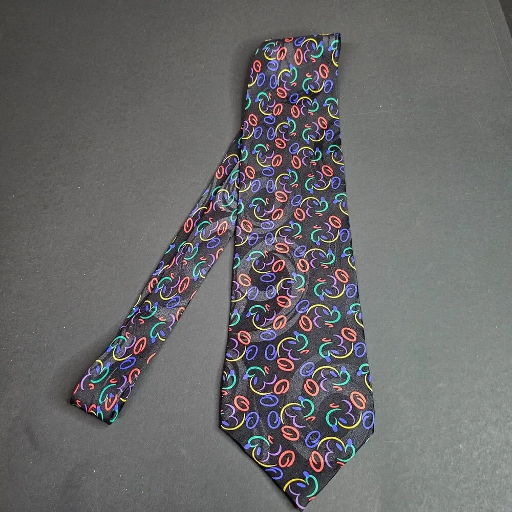 Vtg 1990s Mickey Mouse Neon Profile Black Background Tie Walt Disney World Silk